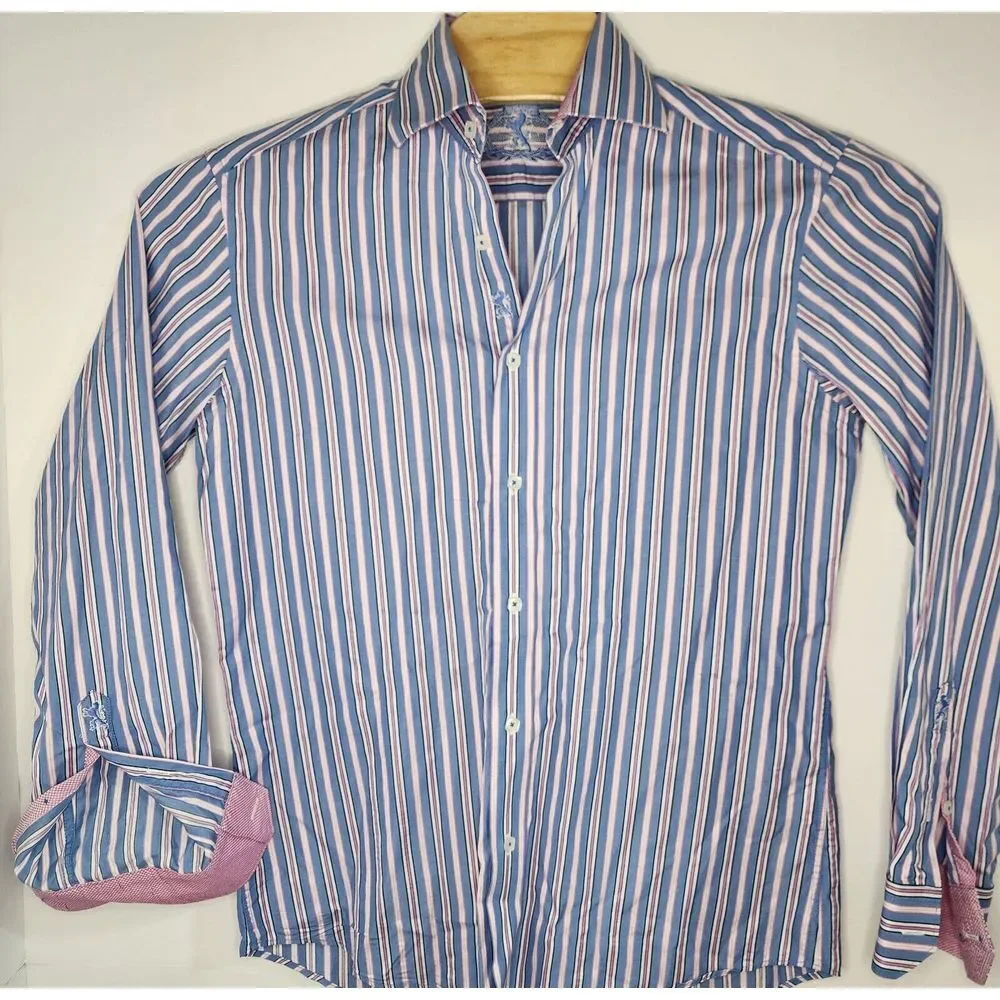 Bugatchi Mens Size Medium Long Sleeve Button Down Blue/Pink Stripes